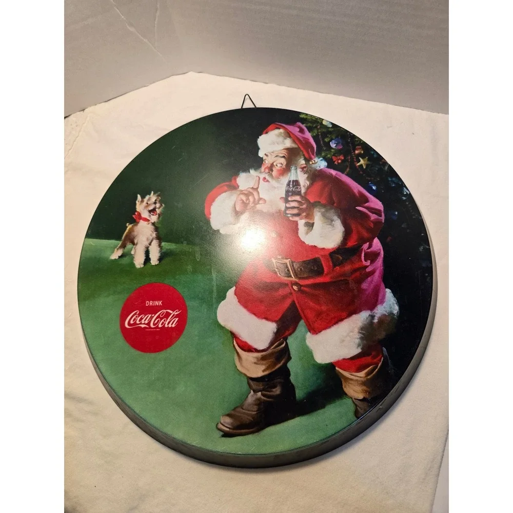 Coca-Cola Santa Claus Metal Round Sign Vintage Holiday Wall Art 12.75
